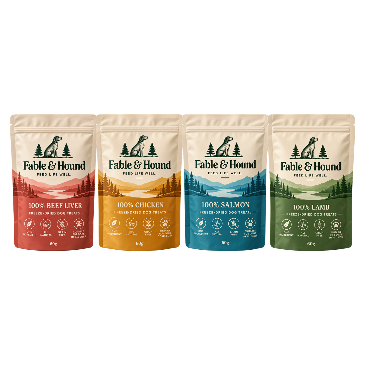 Fable & Hound variety pack: Beef Liver, Chicken, Salmon and Lamb freeze-dried dog treat pouches